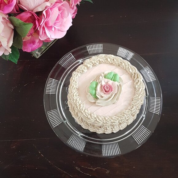 1930s Federal Depression Glass Cake Stand - Sharon or Cabbage Rose Pattern Pedes - Picture 4 of 8